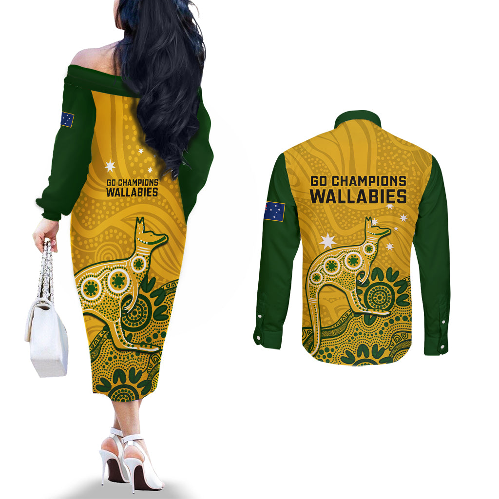 australia-rugby-couples-matching-off-the-shoulder-long-sleeve-dress-and-long-sleeve-button-shirts-wallabies-2023-kangaroo-indigenous-art