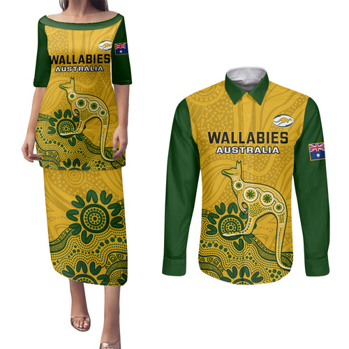 australia-rugby-couples-matching-puletasi-dress-and-long-sleeve-button-shirts-wallabies-2023-kangaroo-indigenous-art