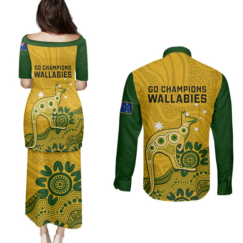 australia-rugby-couples-matching-puletasi-dress-and-long-sleeve-button-shirts-wallabies-2023-kangaroo-indigenous-art