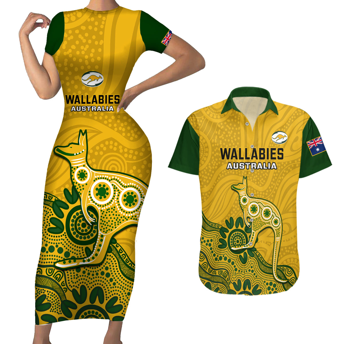 australia-rugby-couples-matching-short-sleeve-bodycon-dress-and-hawaiian-shirt-wallabies-2023-kangaroo-indigenous-art