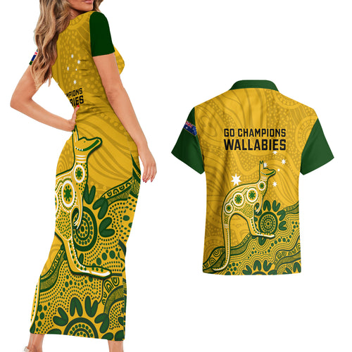 australia-rugby-couples-matching-short-sleeve-bodycon-dress-and-hawaiian-shirt-wallabies-2023-kangaroo-indigenous-art