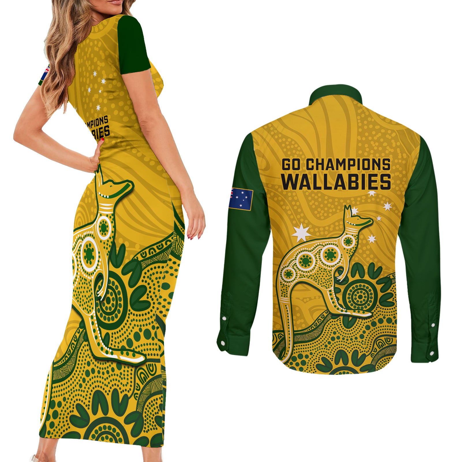 australia-rugby-couples-matching-short-sleeve-bodycon-dress-and-long-sleeve-button-shirts-wallabies-2023-kangaroo-indigenous-art