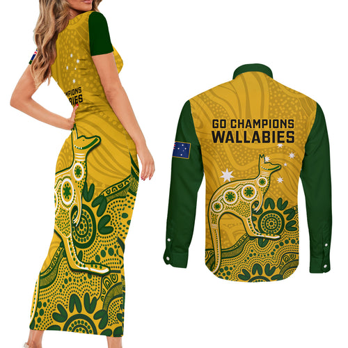 australia-rugby-couples-matching-short-sleeve-bodycon-dress-and-long-sleeve-button-shirts-wallabies-2023-kangaroo-indigenous-art