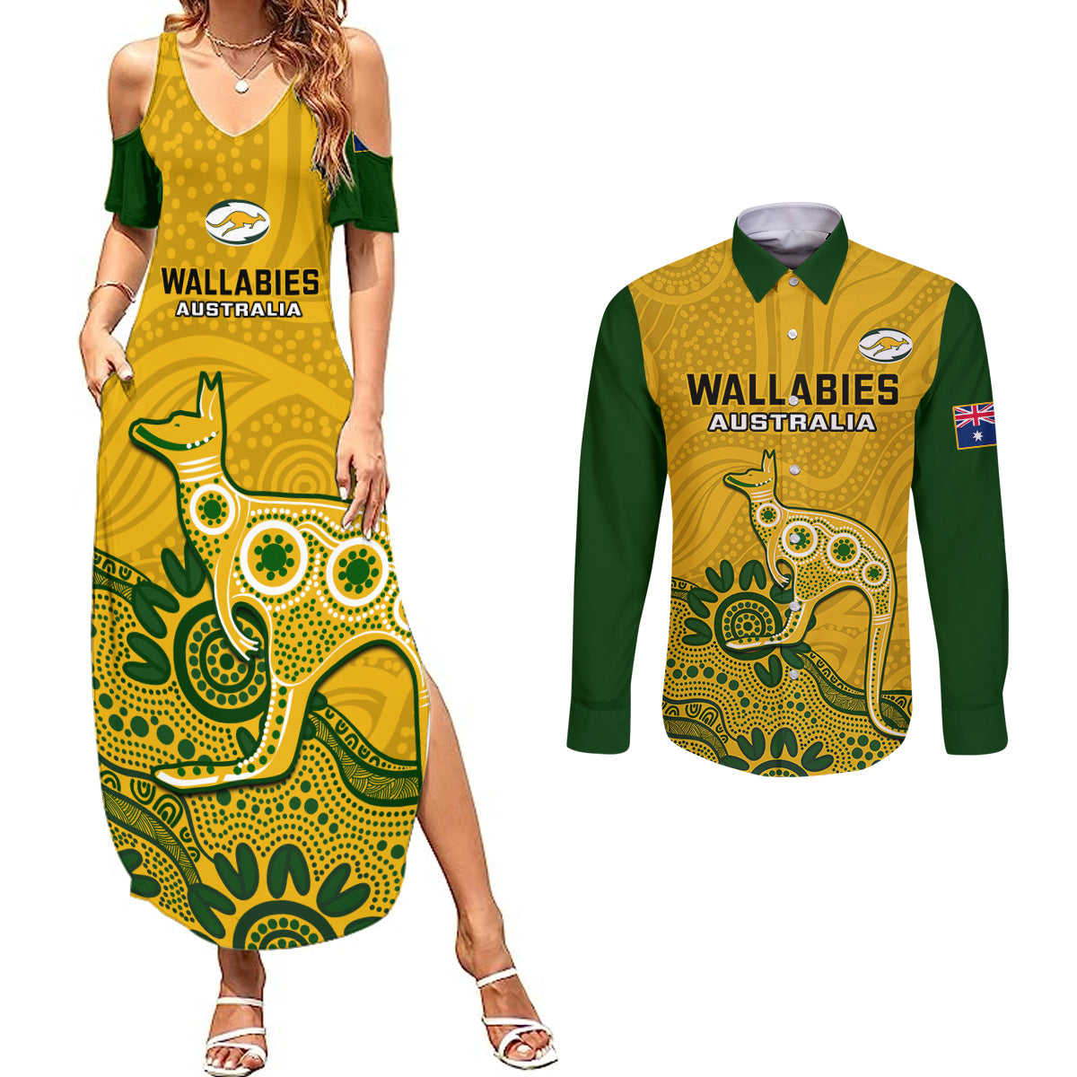 australia-rugby-couples-matching-summer-maxi-dress-and-long-sleeve-button-shirts-wallabies-2023-kangaroo-indigenous-art