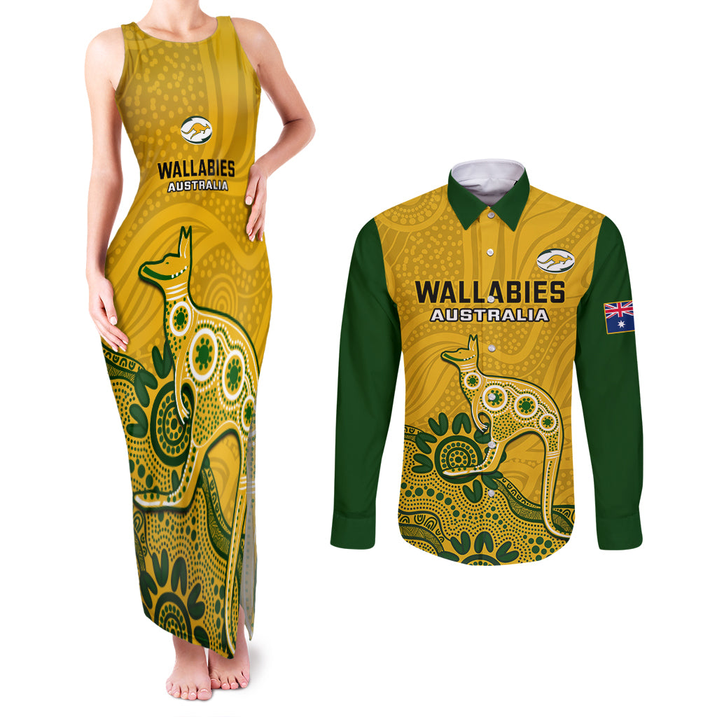 australia-rugby-couples-matching-tank-maxi-dress-and-long-sleeve-button-shirts-wallabies-2023-kangaroo-indigenous-art
