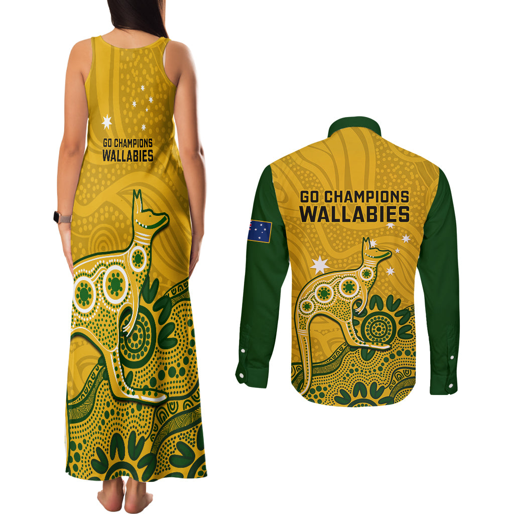 australia-rugby-couples-matching-tank-maxi-dress-and-long-sleeve-button-shirts-wallabies-2023-kangaroo-indigenous-art