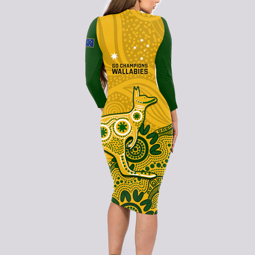 australia-rugby-long-sleeve-bodycon-dress-wallabies-2023-kangaroo-indigenous-art
