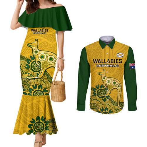 custom-australia-rugby-couples-matching-mermaid-dress-and-long-sleeve-button-shirts-wallabies-2023-kangaroo-indigenous-art