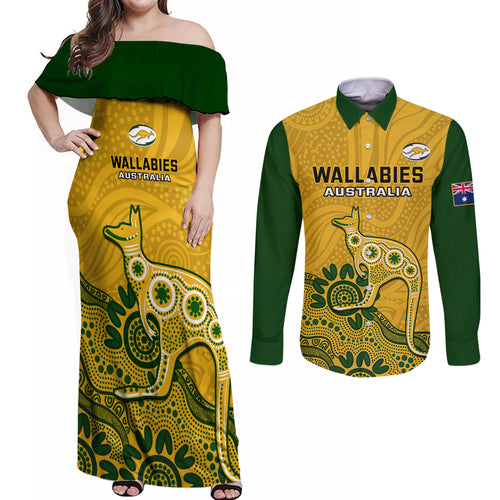 custom-australia-rugby-couples-matching-off-shoulder-maxi-dress-and-long-sleeve-button-shirts-wallabies-2023-kangaroo-indigenous-art
