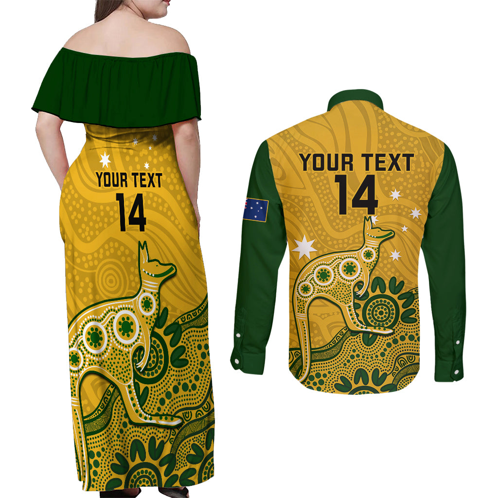 custom-australia-rugby-couples-matching-off-shoulder-maxi-dress-and-long-sleeve-button-shirts-wallabies-2023-kangaroo-indigenous-art