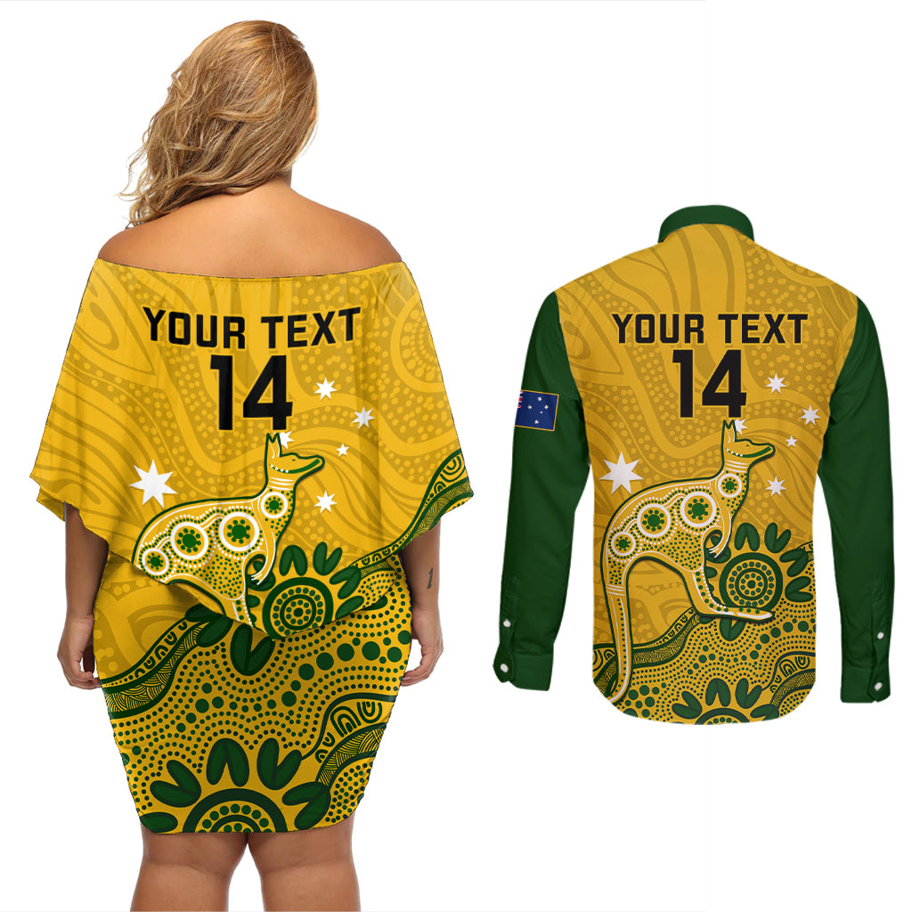 custom-australia-rugby-couples-matching-off-shoulder-short-dress-and-long-sleeve-button-shirts-wallabies-2023-kangaroo-indigenous-art