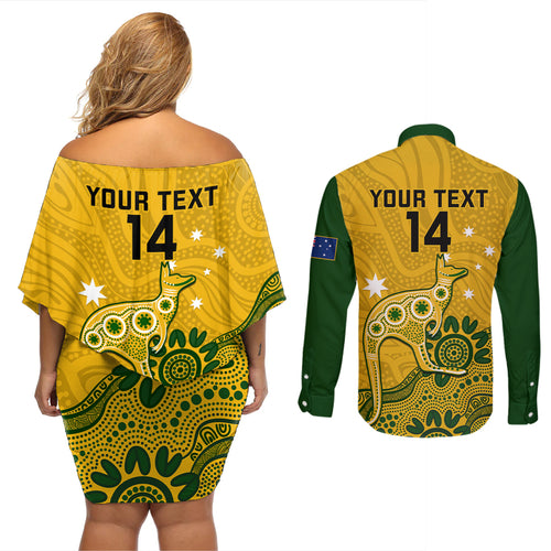 custom-australia-rugby-couples-matching-off-shoulder-short-dress-and-long-sleeve-button-shirts-wallabies-2023-kangaroo-indigenous-art