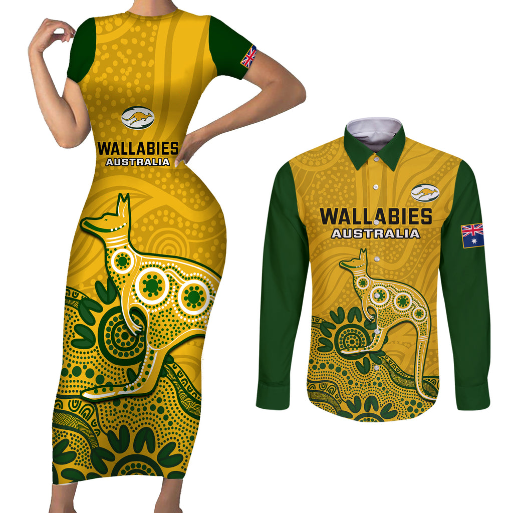 custom-australia-rugby-couples-matching-short-sleeve-bodycon-dress-and-long-sleeve-button-shirts-wallabies-2023-kangaroo-indigenous-art