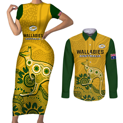 custom-australia-rugby-couples-matching-short-sleeve-bodycon-dress-and-long-sleeve-button-shirts-wallabies-2023-kangaroo-indigenous-art
