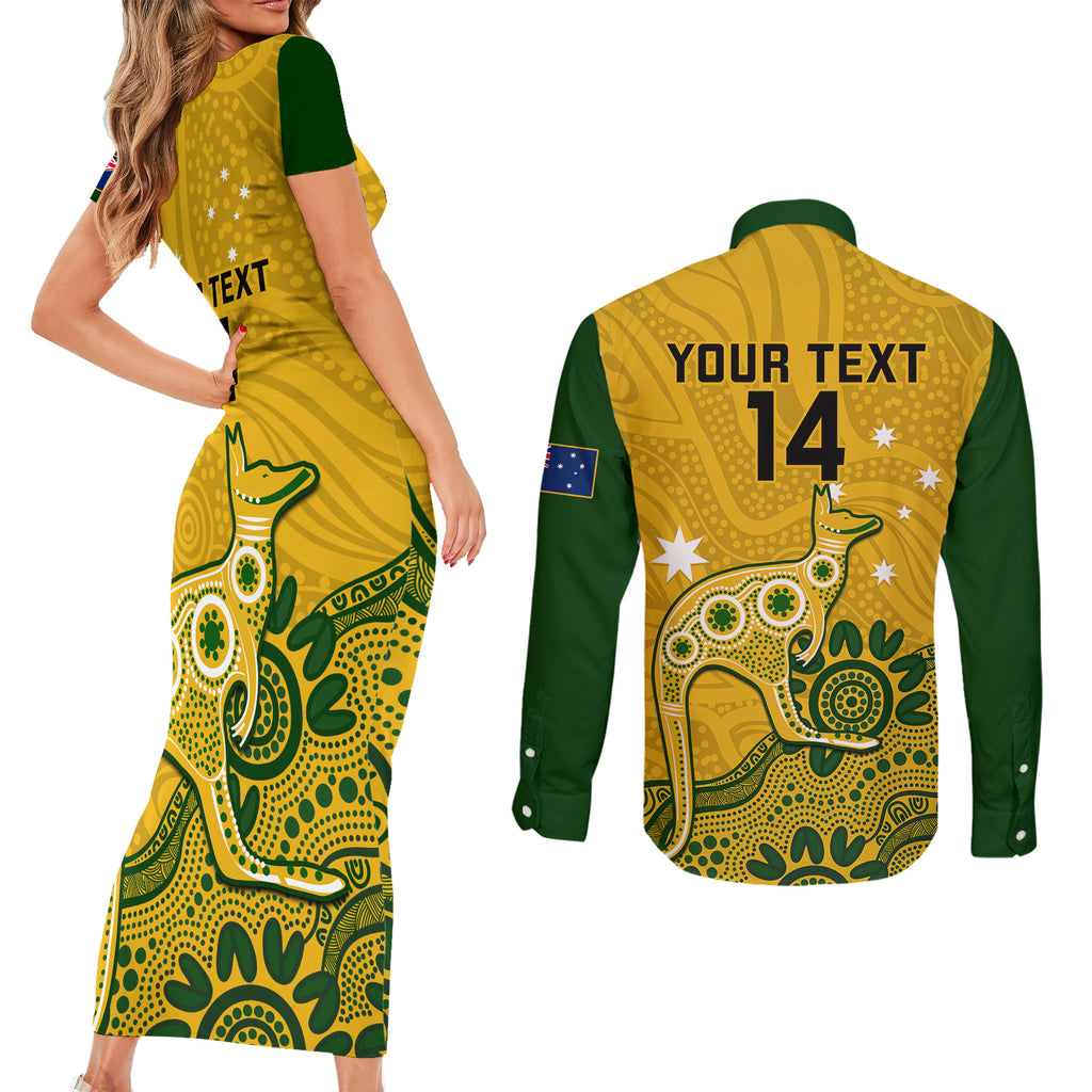 custom-australia-rugby-couples-matching-short-sleeve-bodycon-dress-and-long-sleeve-button-shirts-wallabies-2023-kangaroo-indigenous-art
