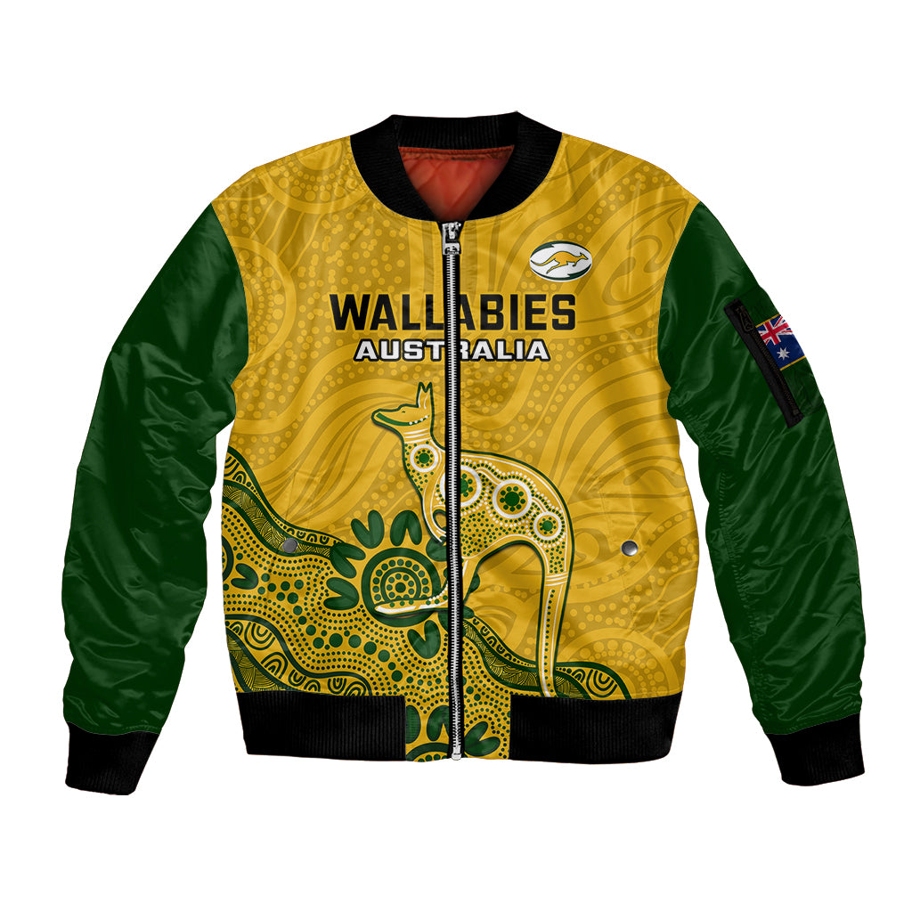 custom-australia-rugby-sleeve-zip-bomber-jacket-wallabies-2023-kangaroo-indigenous-art