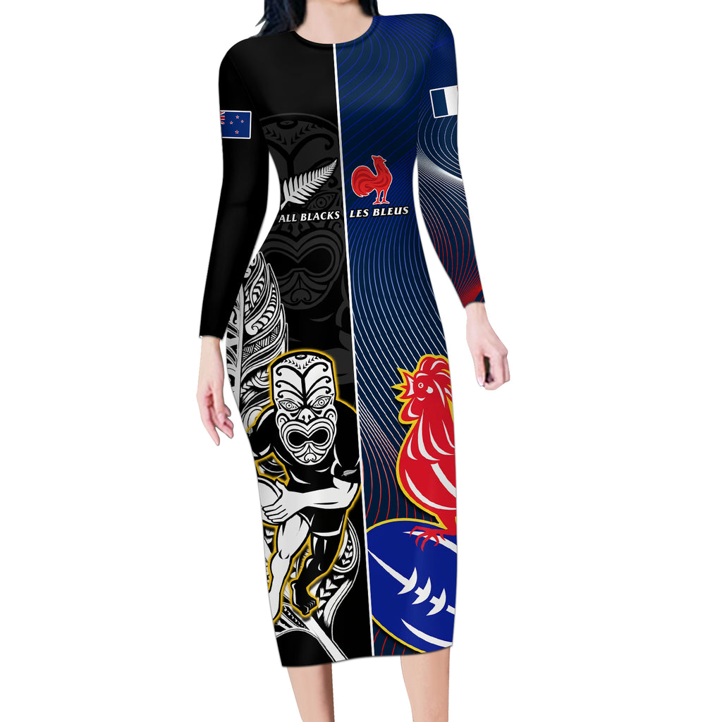 new-zealand-and-france-rugby-long-sleeve-bodycon-dress-all-black-with-les-bleus-together-2023-world-cup