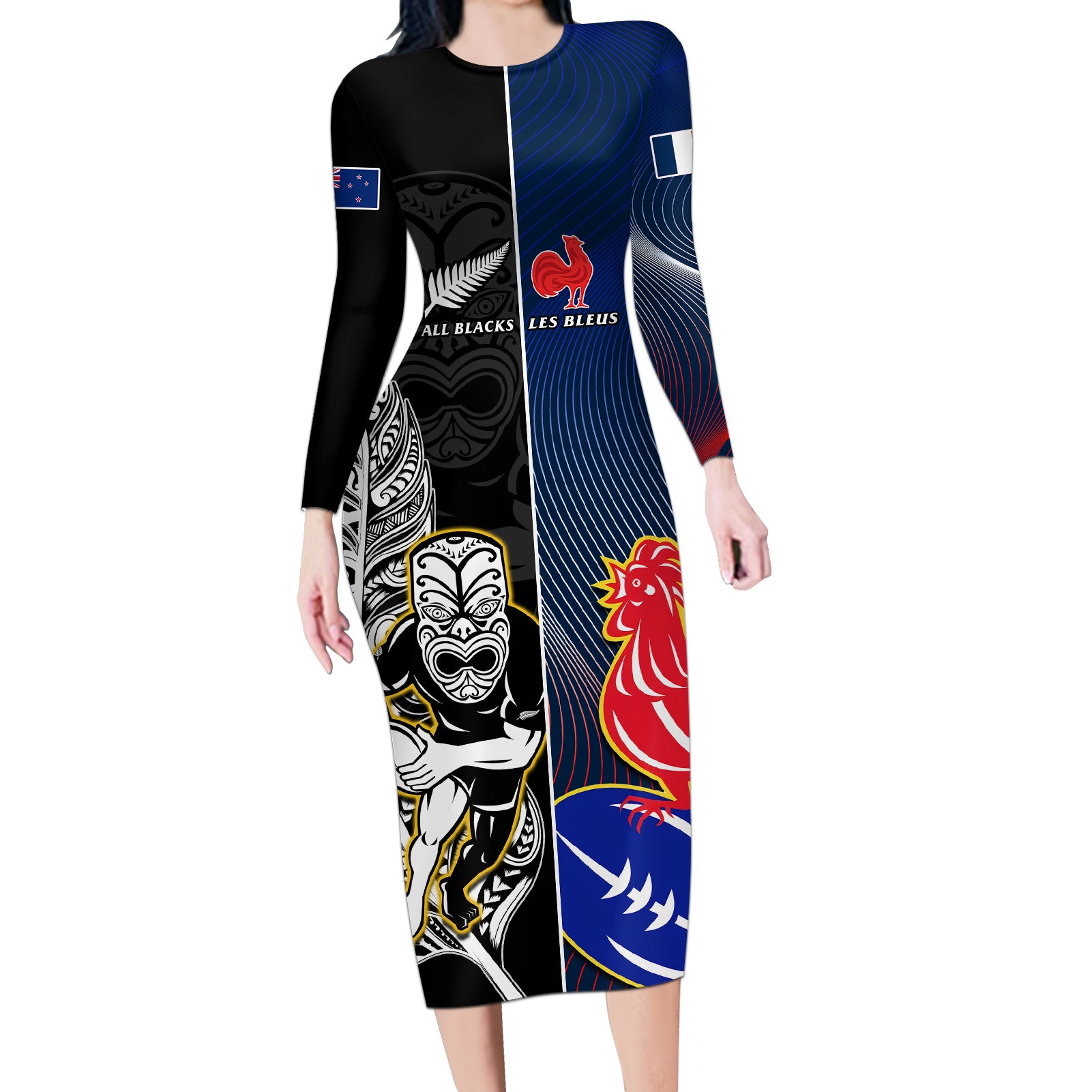 new-zealand-and-france-rugby-long-sleeve-bodycon-dress-all-black-with-les-bleus-together-2023-world-cup