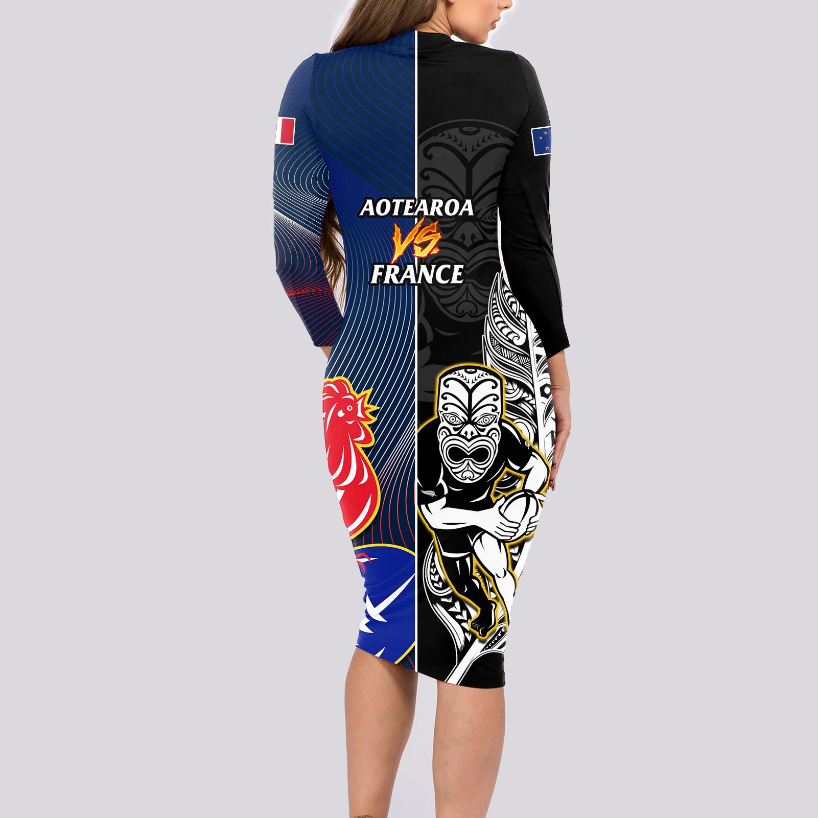 new-zealand-and-france-rugby-long-sleeve-bodycon-dress-all-black-with-les-bleus-together-2023-world-cup