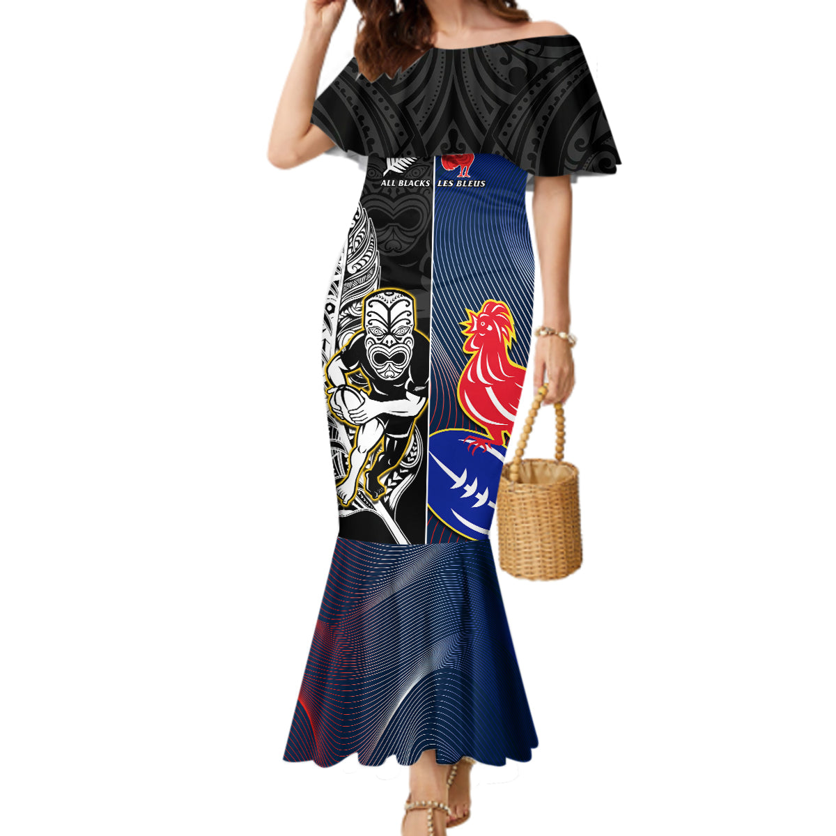 new-zealand-and-france-rugby-mermaid-dress-all-black-with-les-bleus-together-2023-world-cup