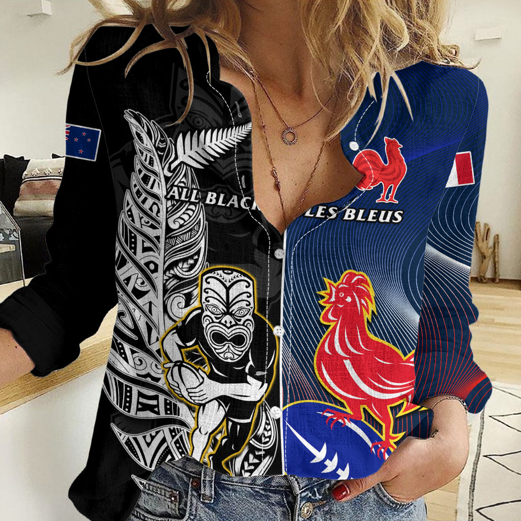New Zealand And France Rugby Women Casual Shirt All Black With Les Bleus Together 2023 World Cup LT14