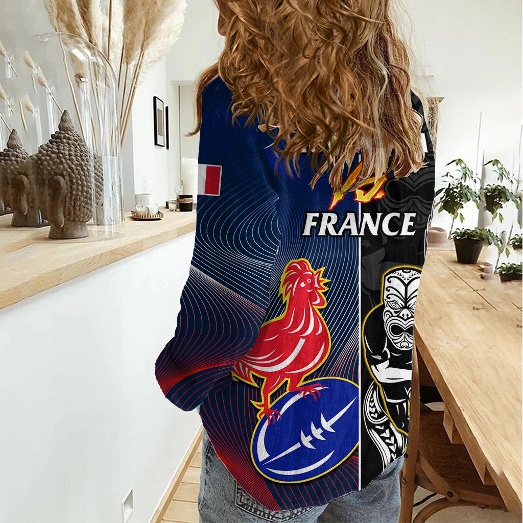 New Zealand And France Rugby Women Casual Shirt All Black With Les Bleus Together 2023 World Cup LT14