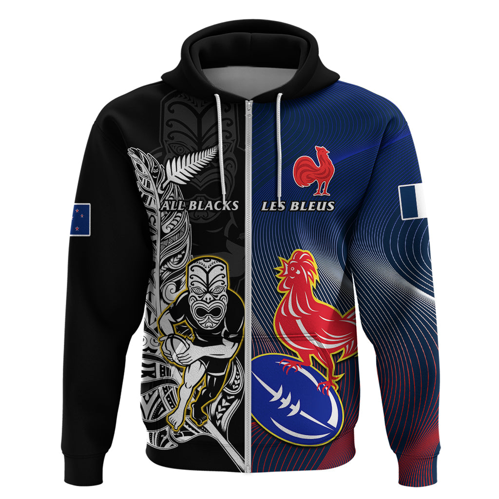 custom-new-zealand-and-france-rugby-hoodie-all-black-with-les-bleus-together-2023-world-cup