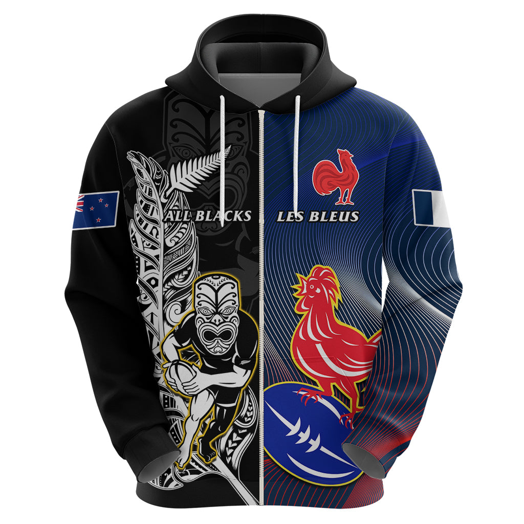 custom-new-zealand-and-france-rugby-hoodie-all-black-with-les-bleus-together-2023-world-cup