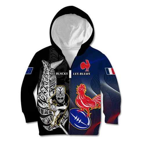 custom-new-zealand-and-france-rugby-kid-hoodie-all-black-with-les-bleus-together-2023-world-cup