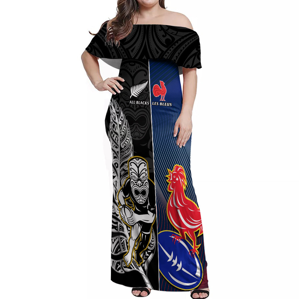 custom-new-zealand-and-france-rugby-off-shoulder-maxi-dress-all-black-with-les-bleus-together-2023-world-cup