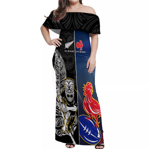 custom-new-zealand-and-france-rugby-off-shoulder-maxi-dress-all-black-with-les-bleus-together-2023-world-cup