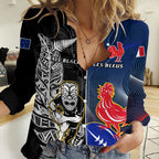 Custom New Zealand And France Rugby Women Casual Shirt All Black With Les Bleus Together 2023 World Cup LT14