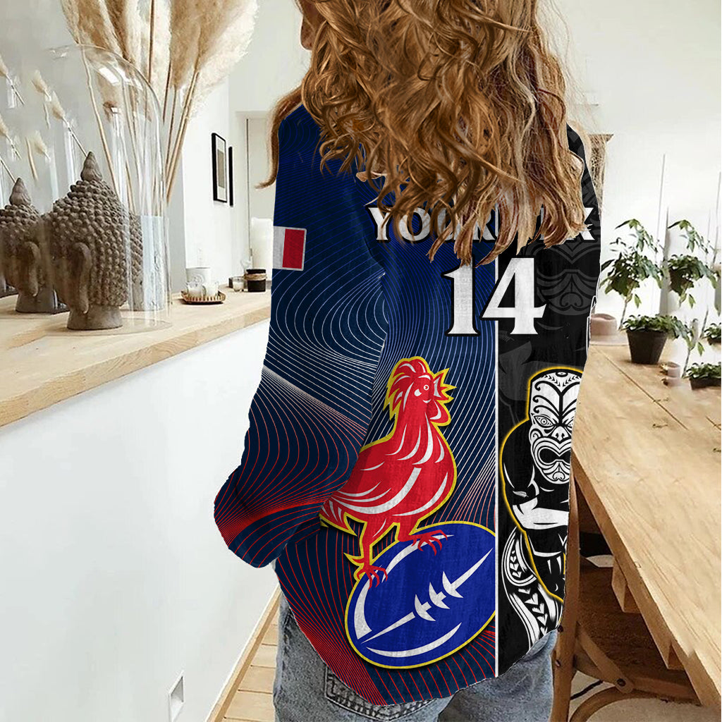 Custom New Zealand And France Rugby Women Casual Shirt All Black With Les Bleus Together 2023 World Cup LT14