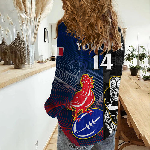 Custom New Zealand And France Rugby Women Casual Shirt All Black With Les Bleus Together 2023 World Cup LT14