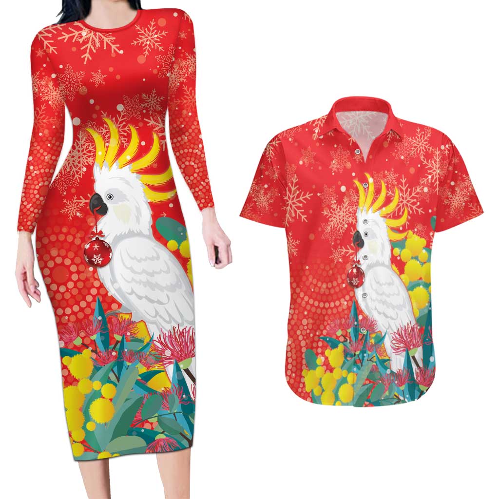 Sulphur-crested Cockatoo Christmas Couples Matching Long Sleeve Bodycon Dress and Hawaiian Shirt Australia Gumtree With Golden Wattle