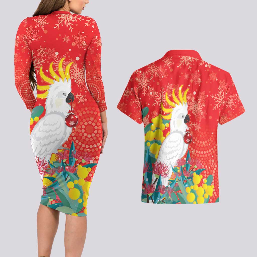 Sulphur-crested Cockatoo Christmas Couples Matching Long Sleeve Bodycon Dress and Hawaiian Shirt Australia Gumtree With Golden Wattle
