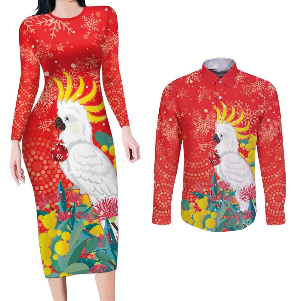 Sulphur-crested Cockatoo Christmas Couples Matching Long Sleeve Bodycon Dress and Long Sleeve Button Shirt Australia Gumtree With Golden Wattle