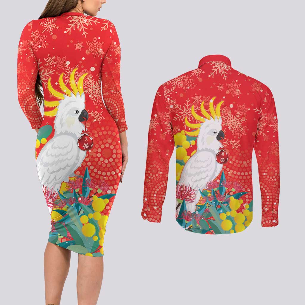 Sulphur-crested Cockatoo Christmas Couples Matching Long Sleeve Bodycon Dress and Long Sleeve Button Shirt Australia Gumtree With Golden Wattle