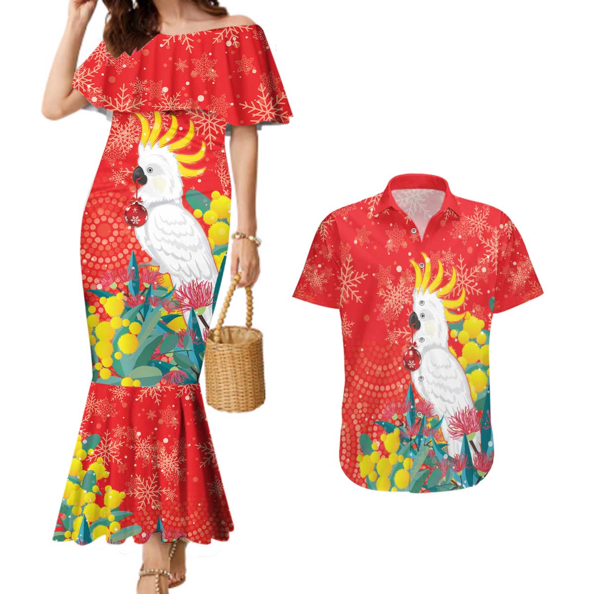 Sulphur-crested Cockatoo Christmas Couples Matching Mermaid Dress and Hawaiian Shirt Australia Gumtree With Golden Wattle