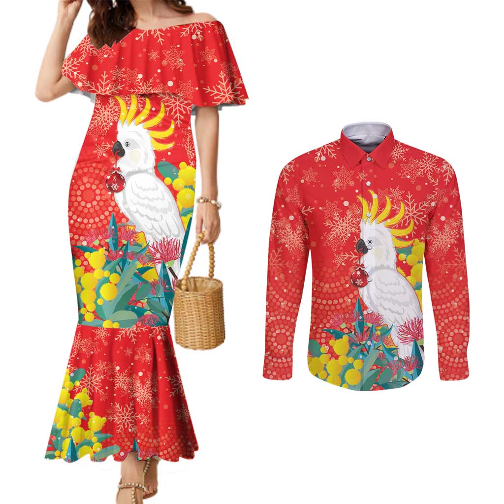 Sulphur-crested Cockatoo Christmas Couples Matching Mermaid Dress and Long Sleeve Button Shirt Australia Gumtree With Golden Wattle