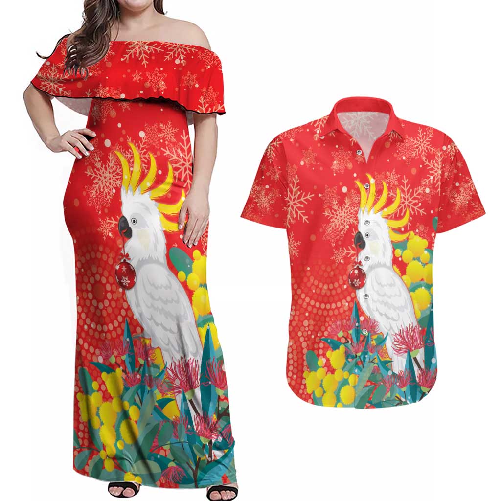 Sulphur-crested Cockatoo Christmas Couples Matching Off Shoulder Maxi Dress and Hawaiian Shirt Australia Gumtree With Golden Wattle