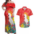 Sulphur-crested Cockatoo Christmas Couples Matching Off Shoulder Maxi Dress and Hawaiian Shirt Australia Gumtree With Golden Wattle