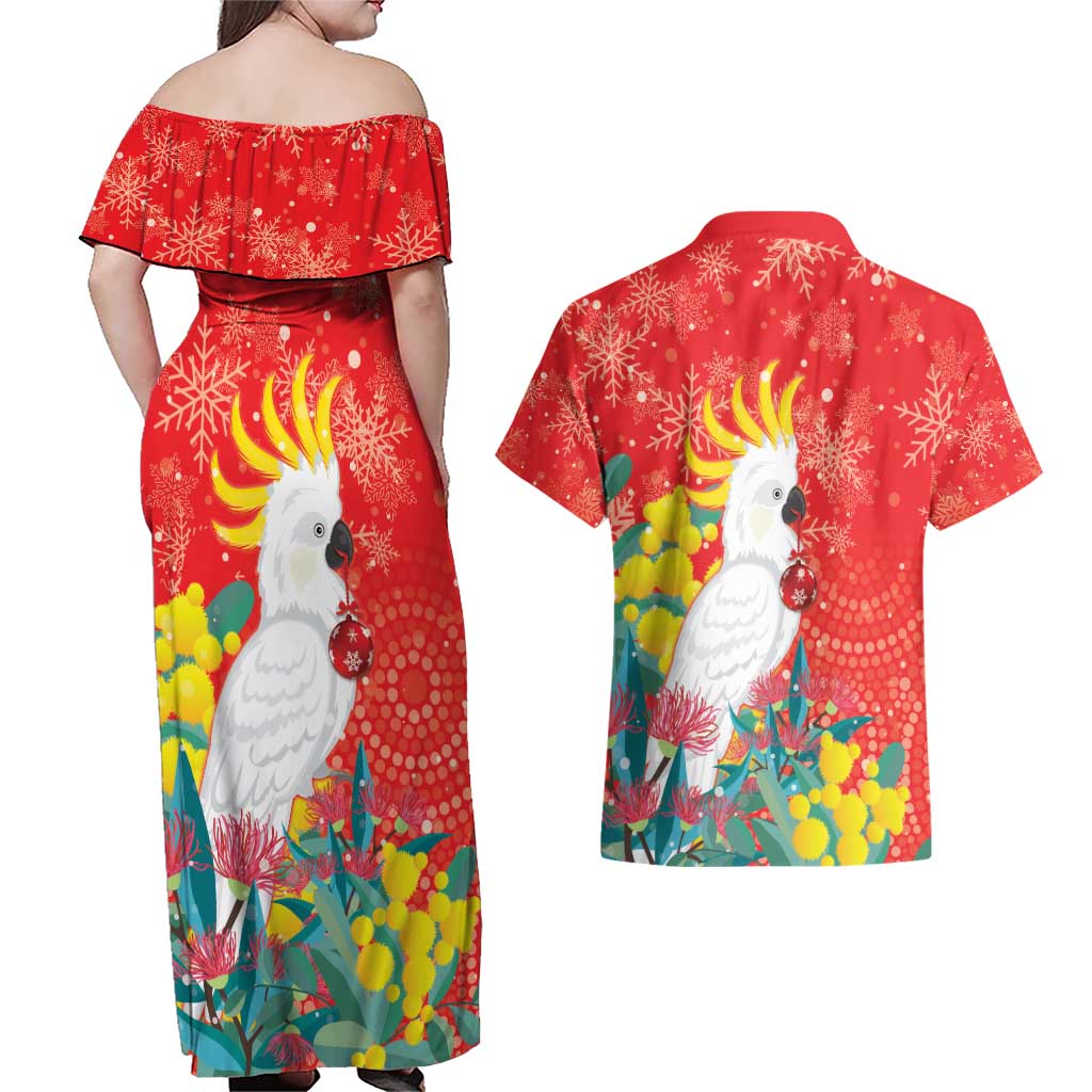 Sulphur-crested Cockatoo Christmas Couples Matching Off Shoulder Maxi Dress and Hawaiian Shirt Australia Gumtree With Golden Wattle