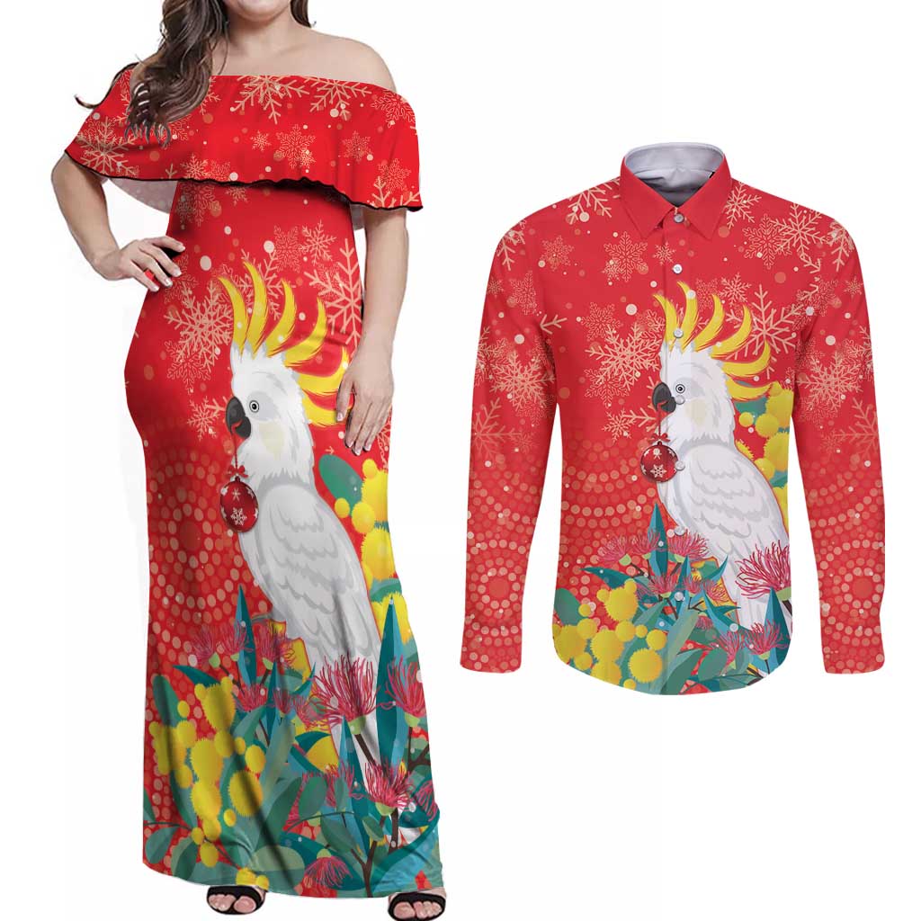 Sulphur-crested Cockatoo Christmas Couples Matching Off Shoulder Maxi Dress and Long Sleeve Button Shirt Australia Gumtree With Golden Wattle