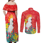Sulphur-crested Cockatoo Christmas Couples Matching Off Shoulder Maxi Dress and Long Sleeve Button Shirt Australia Gumtree With Golden Wattle