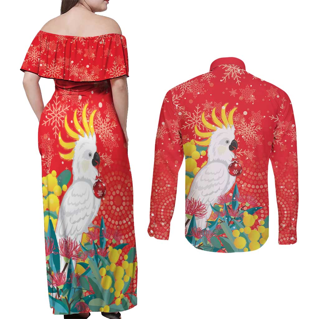 Sulphur-crested Cockatoo Christmas Couples Matching Off Shoulder Maxi Dress and Long Sleeve Button Shirt Australia Gumtree With Golden Wattle