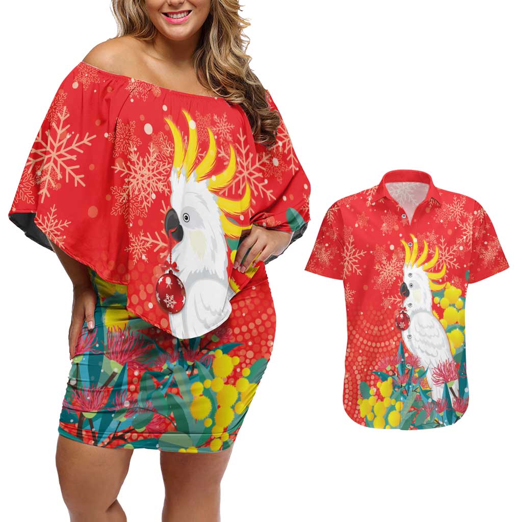 Sulphur-crested Cockatoo Christmas Couples Matching Off Shoulder Short Dress and Hawaiian Shirt Australia Gumtree With Golden Wattle