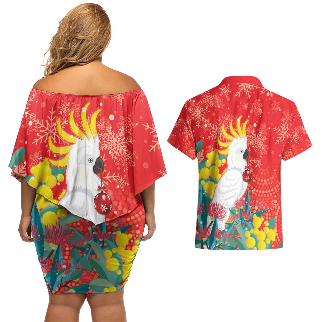 Sulphur-crested Cockatoo Christmas Couples Matching Off Shoulder Short Dress and Hawaiian Shirt Australia Gumtree With Golden Wattle
