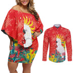 Sulphur-crested Cockatoo Christmas Couples Matching Off Shoulder Short Dress and Long Sleeve Button Shirt Australia Gumtree With Golden Wattle