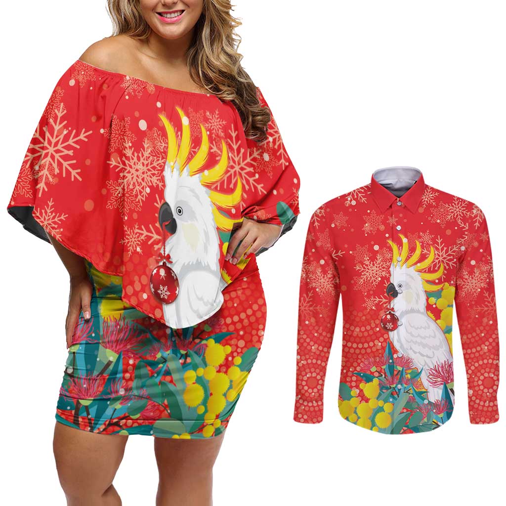 Sulphur-crested Cockatoo Christmas Couples Matching Off Shoulder Short Dress and Long Sleeve Button Shirt Australia Gumtree With Golden Wattle